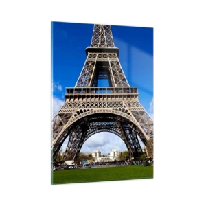 Glasbild - Bild auf glas - Der Eiffelturm vor blauem Himmel - 50x70cm - Ganz Paris zu ihren Füßen - Moderne Wanddekoration für Wohnzimmer und Schlafzimmer ARTTOR