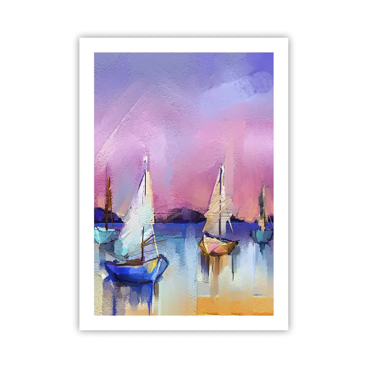 Poster - Abstrakte Segelboote auf einem bunten Hintergrund - 50x70cm - Richtung: breites Wasser - Moderne Wanddekoration für Wohnzimmer und Schlafzimmer ARTTOR