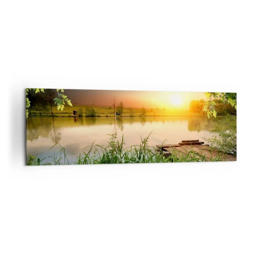 Bild auf Leinwand - Leinwandbild - Grüne Landschaft mit einem See bei Sonnenuntergang - 160x50cm - Landschaft in einem grünen Rahmen - Moderne Wanddekoration für Wohnzimmer und Schlafzimmer ARTTOR