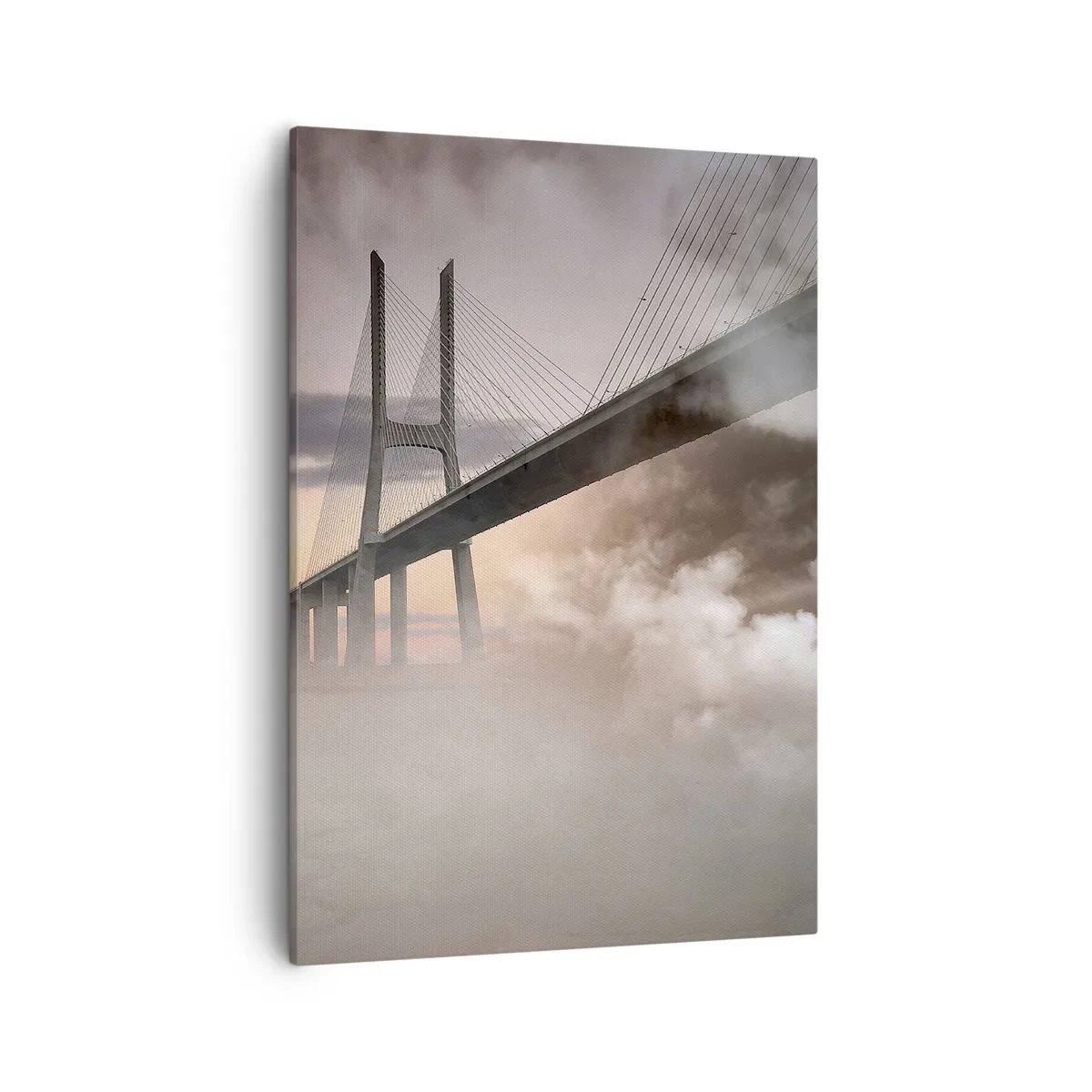 Bild auf Leinwand - Leinwandbild - Eine Brücke über einen Fluss, umgeben von Nebel am Morgen - 50x70cm - Auf dem Fluss, den es nicht gibt - Moderne Wanddekoration für Wohnzimmer und Schlafzimmer ARTTOR