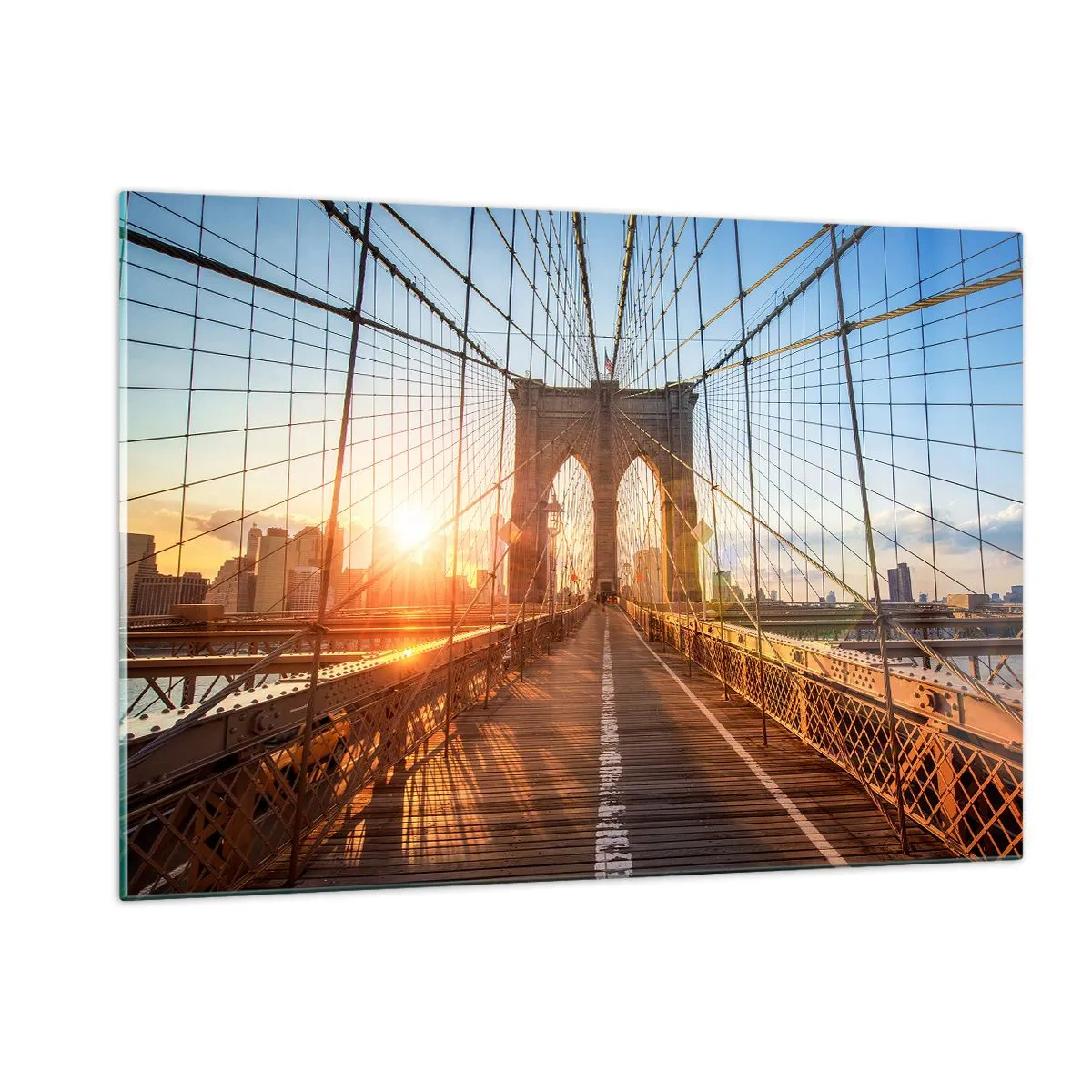 Glasbild - Bild auf glas - Sonnenuntergang auf der Brooklyn Bridge in New York - 120x80cm - Auf der goldenen Brücke - Moderne Wanddekoration für Wohnzimmer und Schlafzimmer ARTTOR