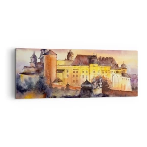 Bild auf Leinwand - Leinwandbild - Ein malerisches Aquarell einer Burg bei Sonnenuntergang - 140x50cm - Geschichte und Märchen - Moderne Wanddekoration für Wohnzimmer und Schlafzimmer ARTTOR
