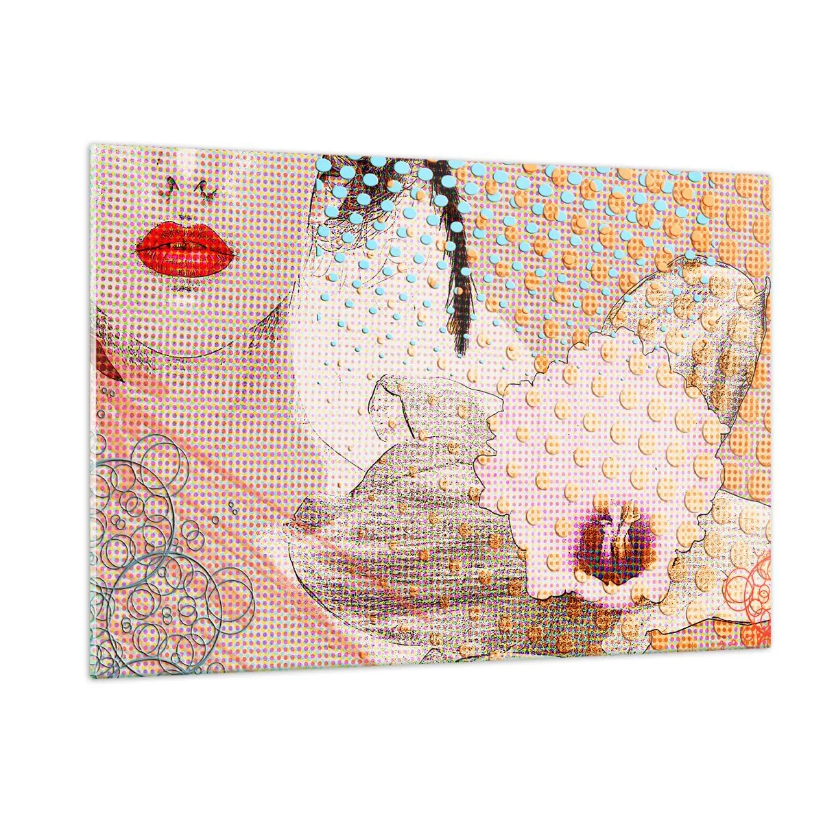 Glasbild - Bild auf glas - Illustration eines Frauenporträts mit einer Blume im Hintergrund im Pop-Art-Stil - 120x80cm - Comic-Heldin - Moderne Wanddekoration für Wohnzimmer und Schlafzimmer ARTTOR