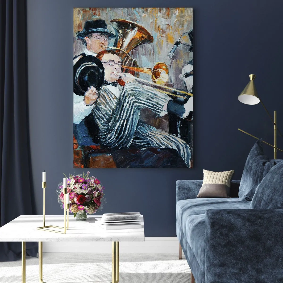 Glasbild - Bild auf glas - Eine Jazzband in einer stimmungsvollen impressionistischen Szene - 50x70cm - Der ganze Jazz - Moderne Wanddekoration für Wohnzimmer und Schlafzimmer ARTTOR