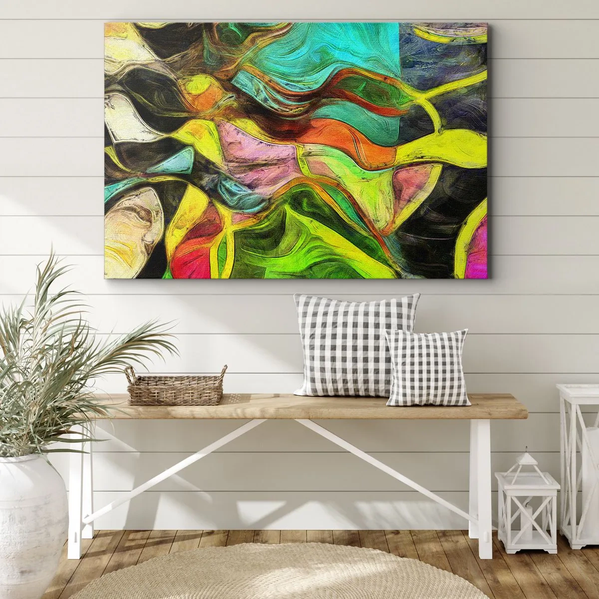Bild auf Leinwand - Leinwandbild - Eine abstrakte Komposition mit bunten Punkten und dynamischen Linien. - 70x50cm - Bewegung ist Leben - Moderne Wanddekoration für Wohnzimmer und Schlafzimmer ARTTOR
