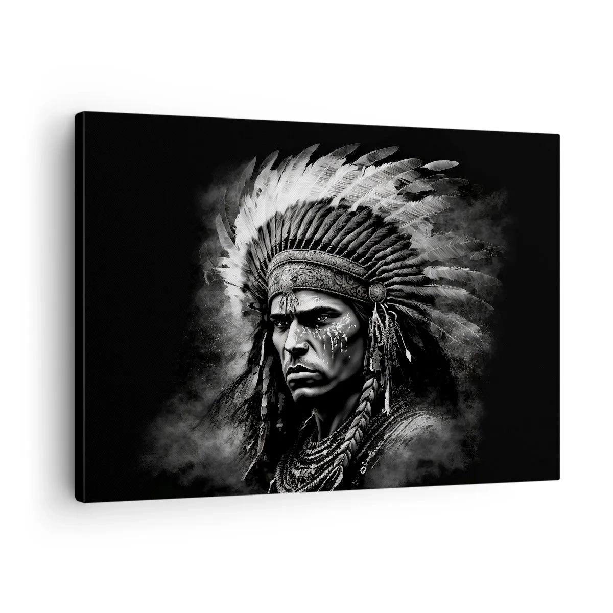 Bild auf Leinwand - Leinwandbild - Porträt eines Häuptlings mit Federschmuck vor schwarzem Hintergrund - 70x50cm - Anführer und Krieger - Moderne Wanddekoration für Wohnzimmer und Schlafzimmer ARTTOR
