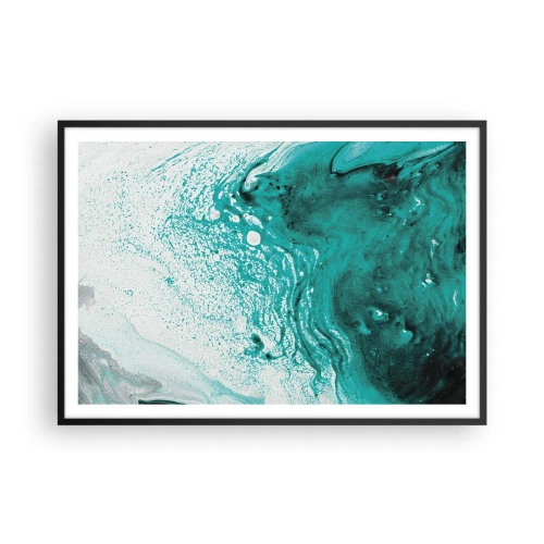 Poster in einem schwarzem Rahmen - Abstrakte Komposition in Türkistönen auf weißem Hintergrund - 100x70cm - Verschmelzen in Weiß und Türkis - Moderne Wanddekoration für Wohnzimmer und Schlafzimmer ARTTOR