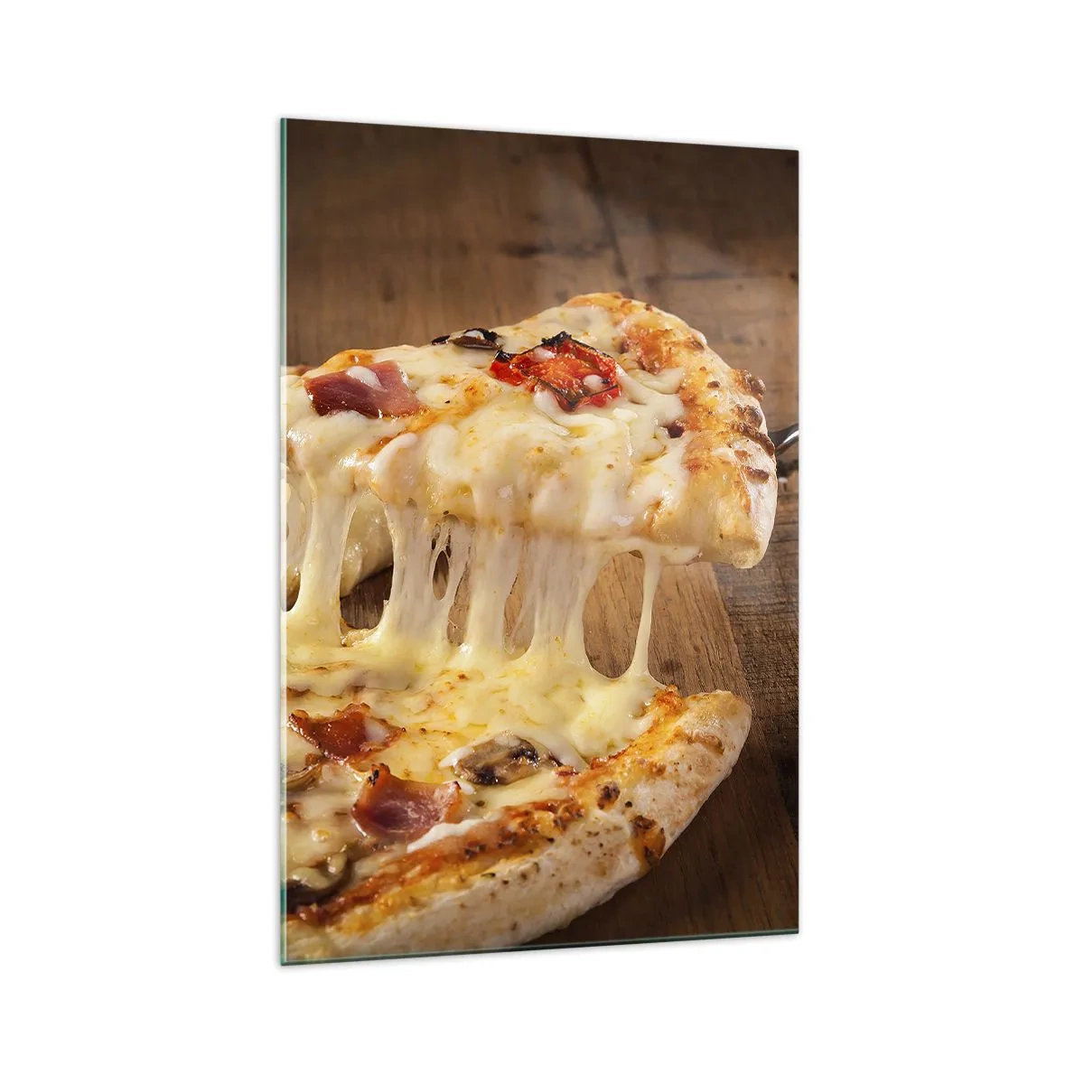 Glasbild - Bild auf glas - Pizza mit faserigem Käse - 70x100cm - Ein Meisterwerk der italienischen Kunst - Moderne Wanddekoration für Wohnzimmer und Schlafzimmer ARTTOR