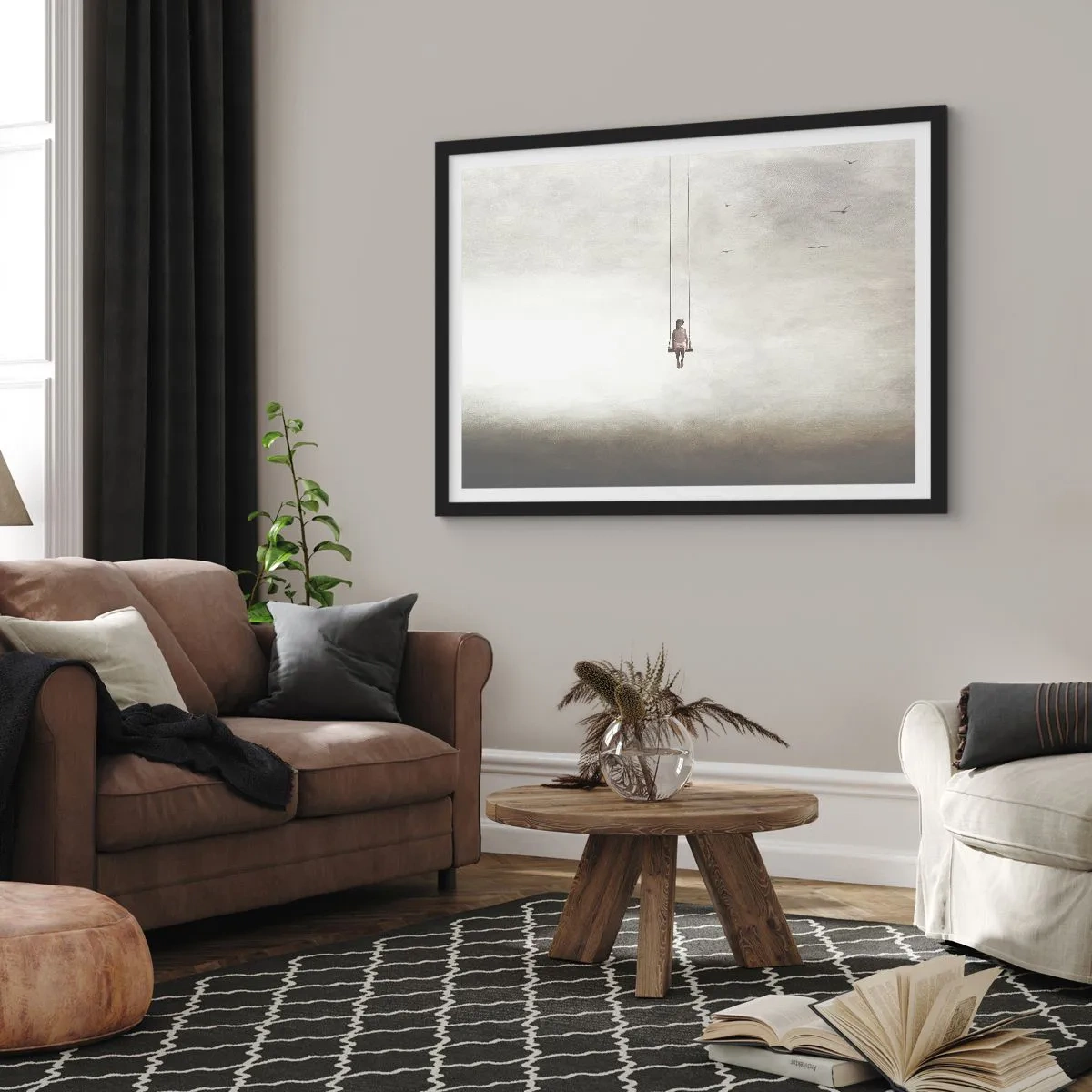 Poster in einem schwarzem Rahmen - Eine Figur auf einer Schaukel, die im Raum schwebt - 70x50cm - Ein Kind in uns - Moderne Wanddekoration für Wohnzimmer und Schlafzimmer ARTTOR