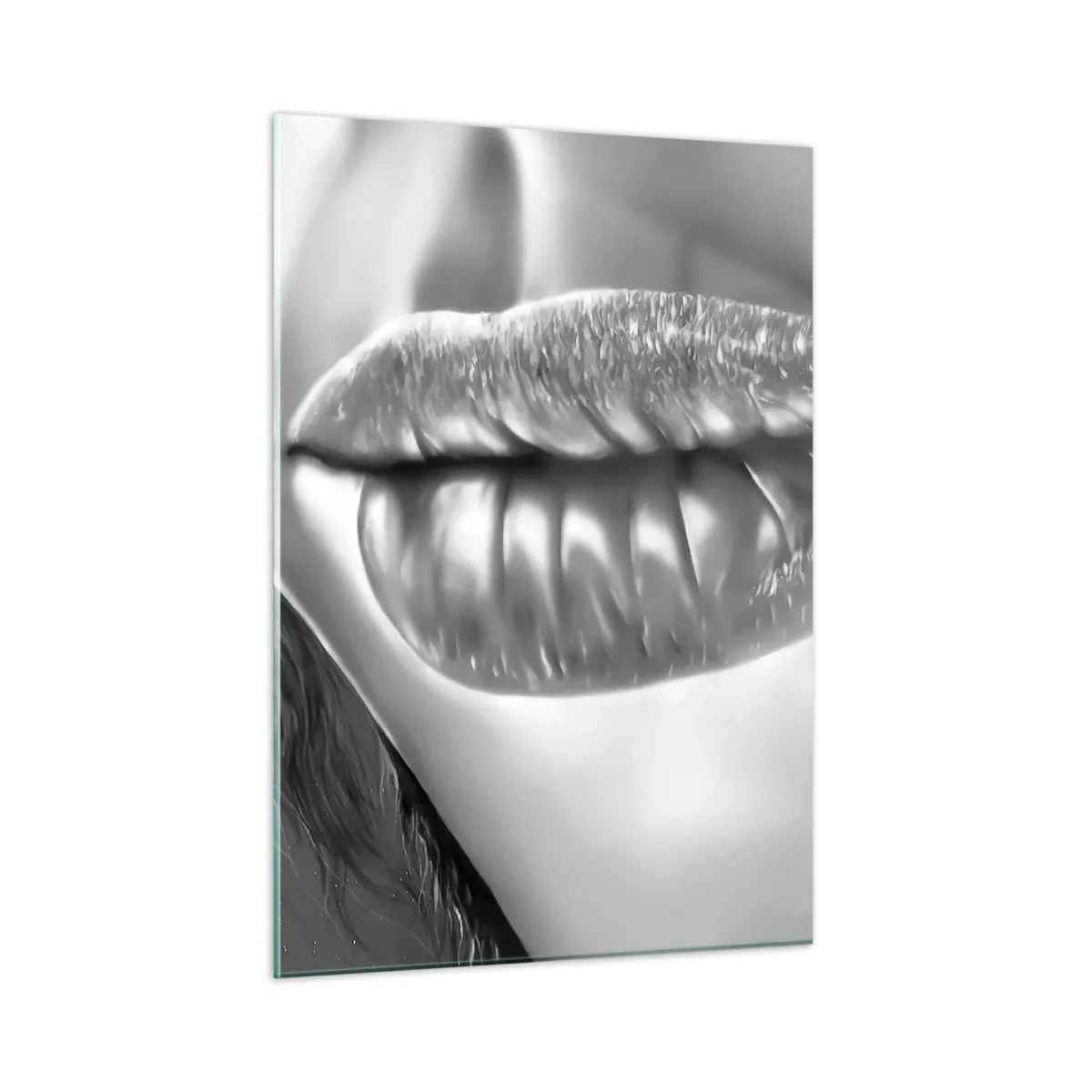 Glasbild - Bild auf glas - Sinnlich-feminine Lippen in monochromen Tönen - 50x70cm - Ich weiß, was du denkst… - Moderne Wanddekoration für Wohnzimmer und Schlafzimmer ARTTOR