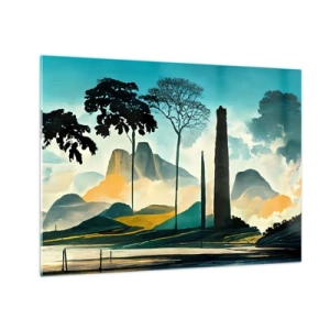 Glasbild - Bild auf glas - Eine Fantasielandschaft mit Bergen, Bäumen und einem hoch aufragenden Felsen - 70x50cm - Immer höher und höher - Moderne Wanddekoration für Wohnzimmer und Schlafzimmer ARTTOR