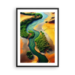 Poster in einem schwarzem Rahmen - Eine farbenfrohe Landschaft mit einem gewundenen Fluss - 50x70cm - Lebensspendender Fluss - Moderne Wanddekoration für Wohnzimmer und Schlafzimmer ARTTOR