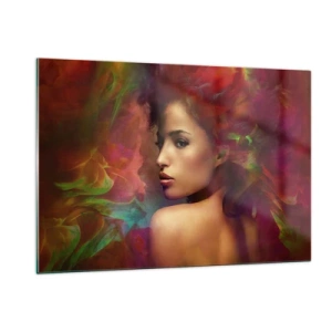 Glasbild - Bild auf glas - Porträt einer Frau in farbenfroher, abstrakter Umgebung - 120x80cm - Schöner als ein Regenbogen, so zart wie ein Nebel - Moderne Wanddekoration für Wohnzimmer und Schlafzimmer ARTTOR
