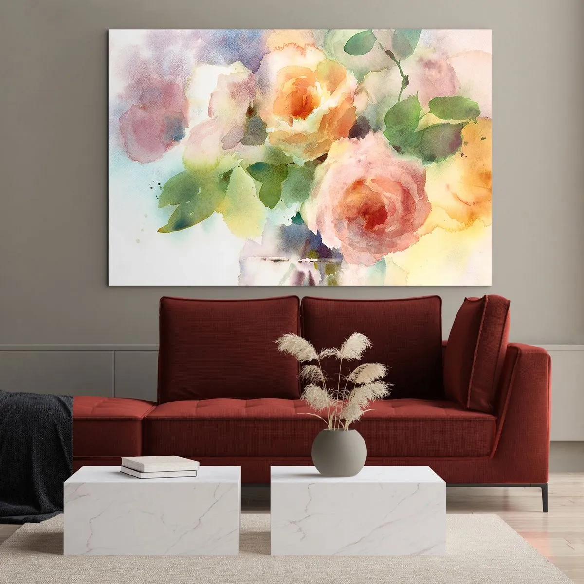 Glasbild - Bild auf glas - Ein Aquarellgemälde von Rosen in zarten Pastellfarben. - 70x50cm - Zart wie Aquarell - Moderne Wanddekoration für Wohnzimmer und Schlafzimmer ARTTOR