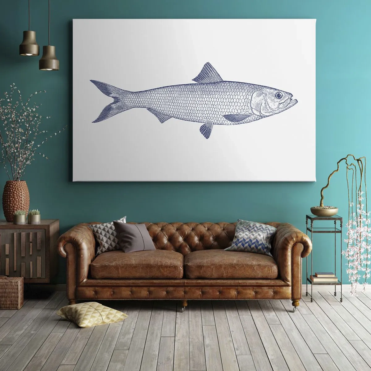 Bild auf Leinwand - Leinwandbild - Illustration eines Fisches in Blautönen auf hellem Hintergrund - 120x80cm - Grüße aus den nördlichen Meeren - Moderne Wanddekoration für Wohnzimmer und Schlafzimmer ARTTOR