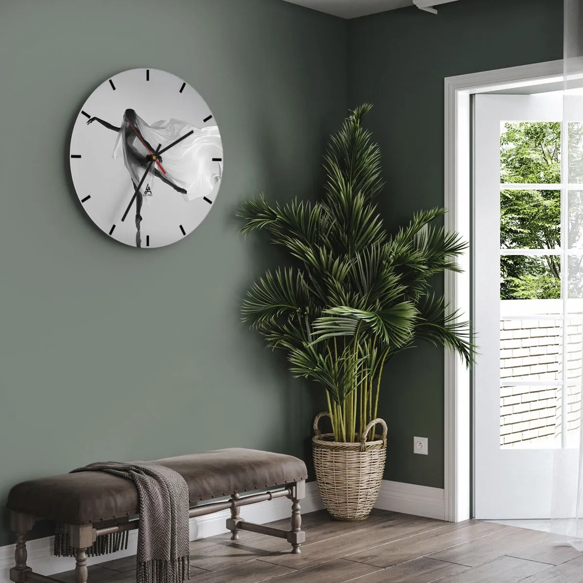 Wanduhr - Glasuhr - Eine Ballerina in Bewegung, eingehüllt in luftigen Stoff vor grauem Hintergrund - 30x30cm - Leichtigkeit und Anmut - Moderne Wanddekoration für Wohnzimmer, Küche und Schlafzimmer ARTTOR