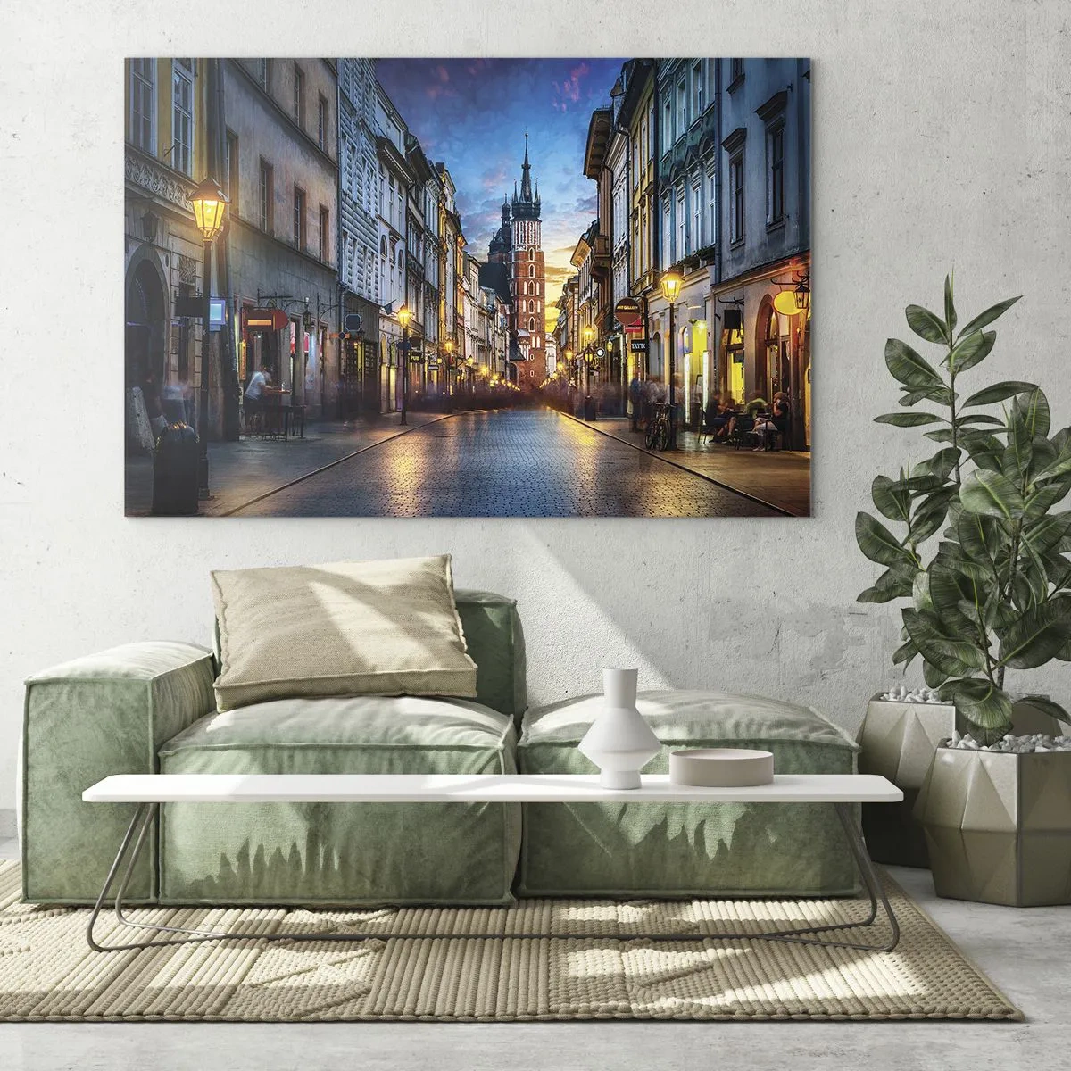 Glasbild - Bild auf glas - Abendlicher Blick auf die Altstadt mit der Kirche im Hintergrund - 100x70cm - Krakauer Charme - Moderne Wanddekoration für Wohnzimmer und Schlafzimmer ARTTOR