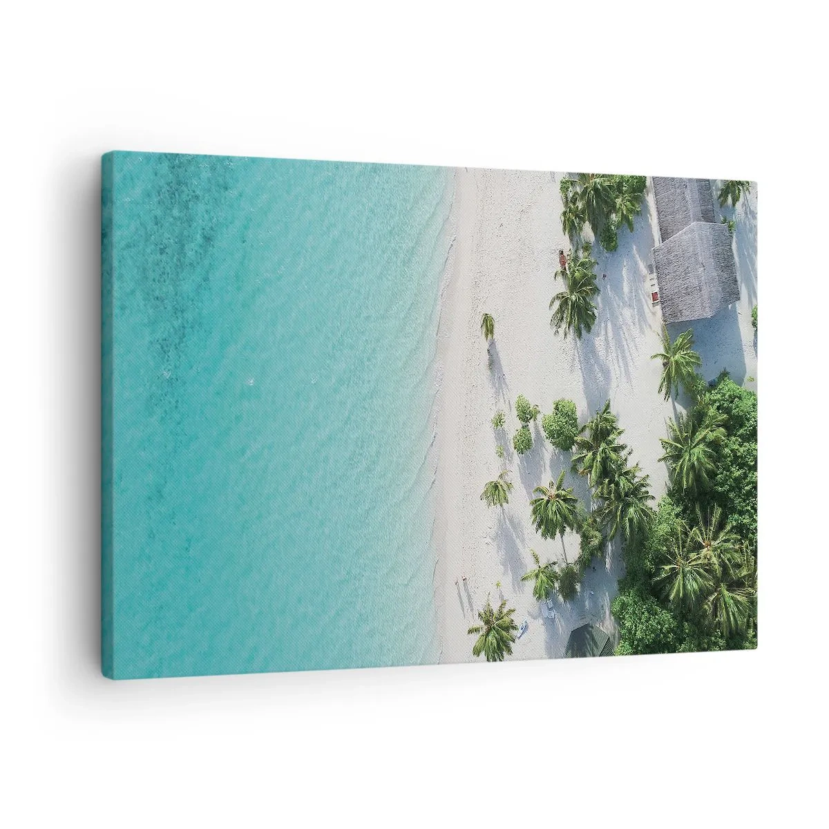 Bild auf Leinwand - Leinwandbild - Eine Vogelperspektive auf einen tropischen Strand mit türkisfarbenem Wasser und Palmen - 70x50cm - Urlaub im Paradies - Moderne Wanddekoration für Wohnzimmer und Schlafzimmer ARTTOR