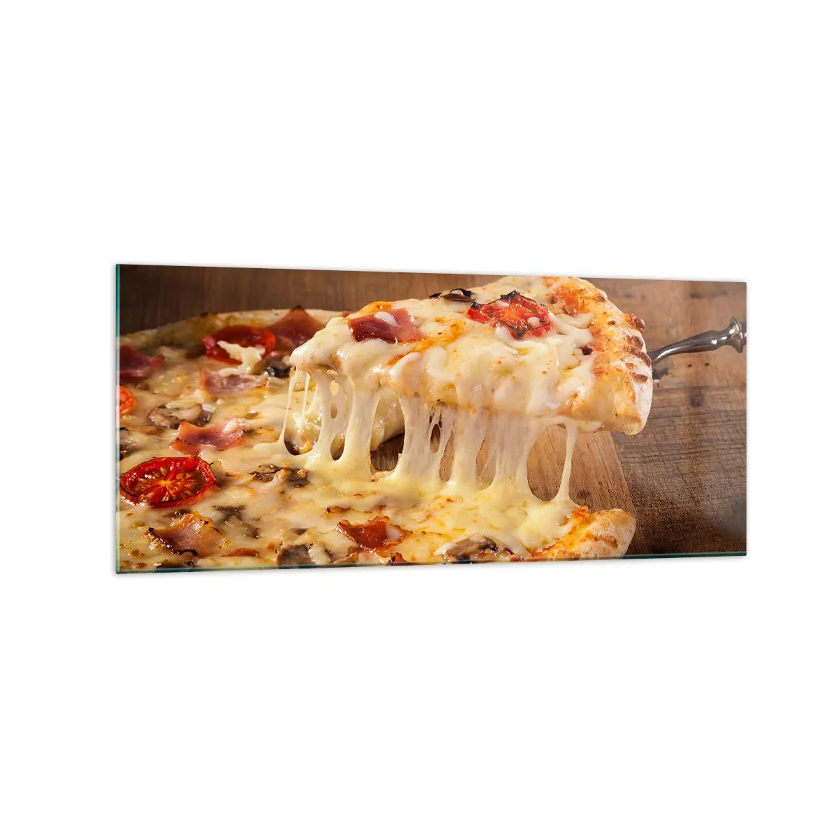 Glasbild - Bild auf glas - Pizza mit faserigem Käse - 120x50cm - Ein Meisterwerk der italienischen Kunst - Moderne Wanddekoration für Wohnzimmer und Schlafzimmer ARTTOR