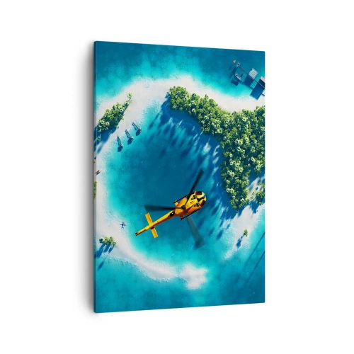 Bild auf Leinwand - Leinwandbild - Eine tropische Insel, umgeben von türkisfarbenem Wasser, mit einem Hubschrauber in Sicht - 50x70cm - Kauf dir eine Insel - Moderne Wanddekoration für Wohnzimmer und Schlafzimmer ARTTOR