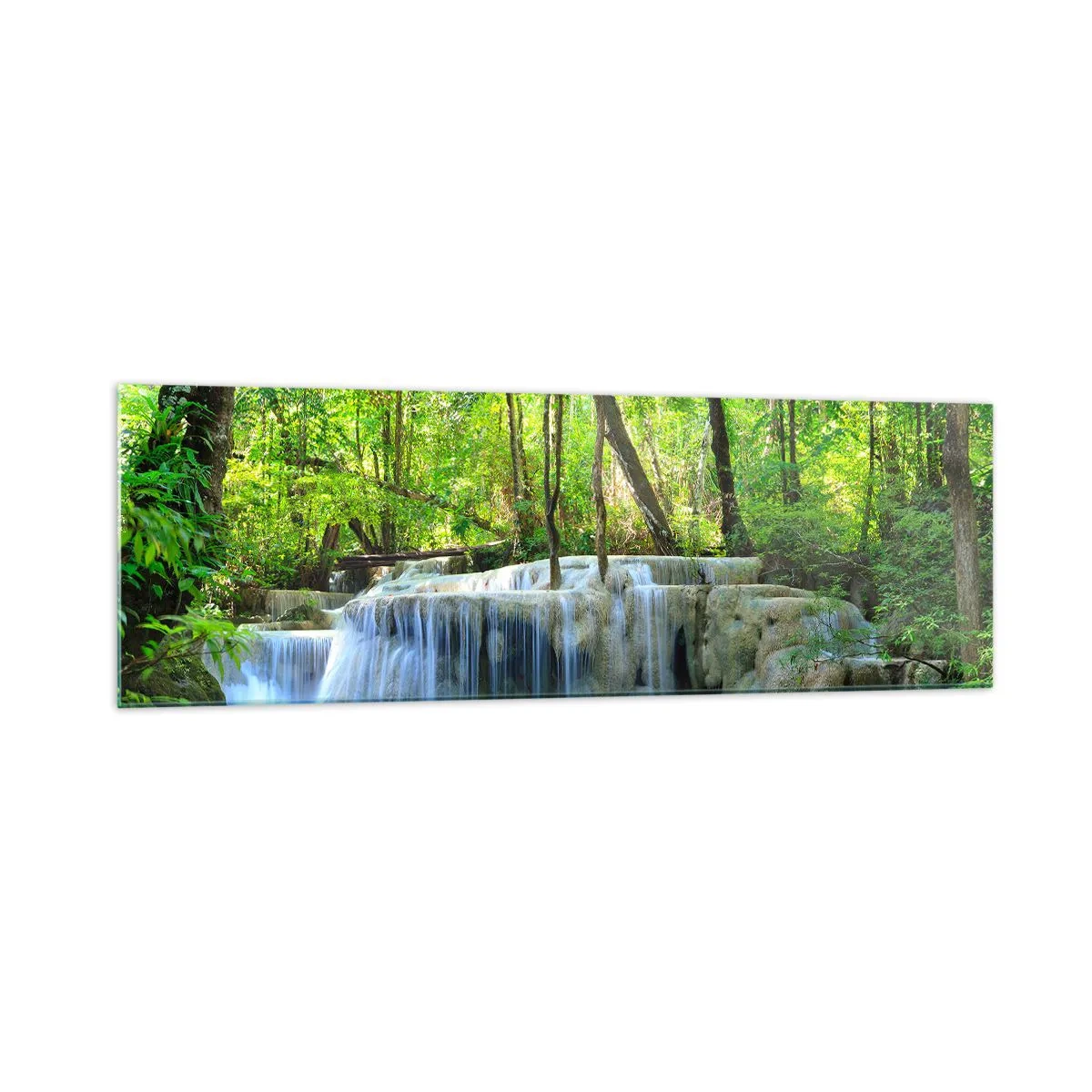 Glasbild - Bild auf glas - Ein Wasserfall zwischen grünen Bäumen mit blauem Wasser in einer natürlichen Umgebung - 160x50cm - In Türkis und Grün ertrinken - Moderne Wanddekoration für Wohnzimmer und Schlafzimmer ARTTOR