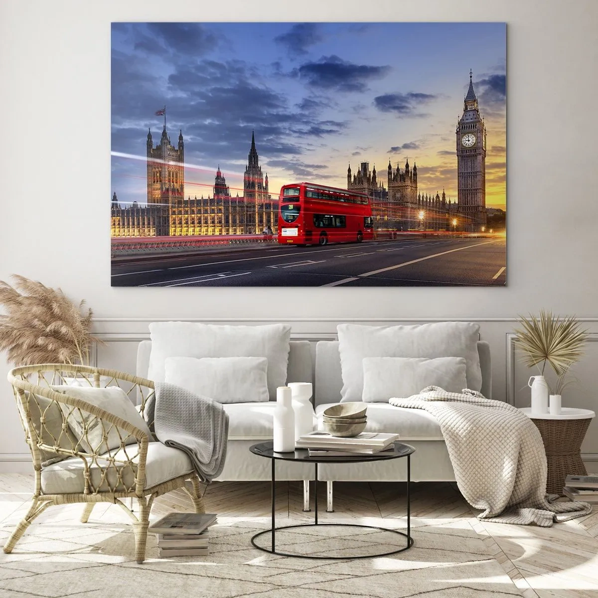 Glasbild - Bild auf glas - Big Ben und der Red Bus in London bei Sonnenuntergang - 70x50cm - Spezielle Charaktere - Moderne Wanddekoration für Wohnzimmer und Schlafzimmer ARTTOR