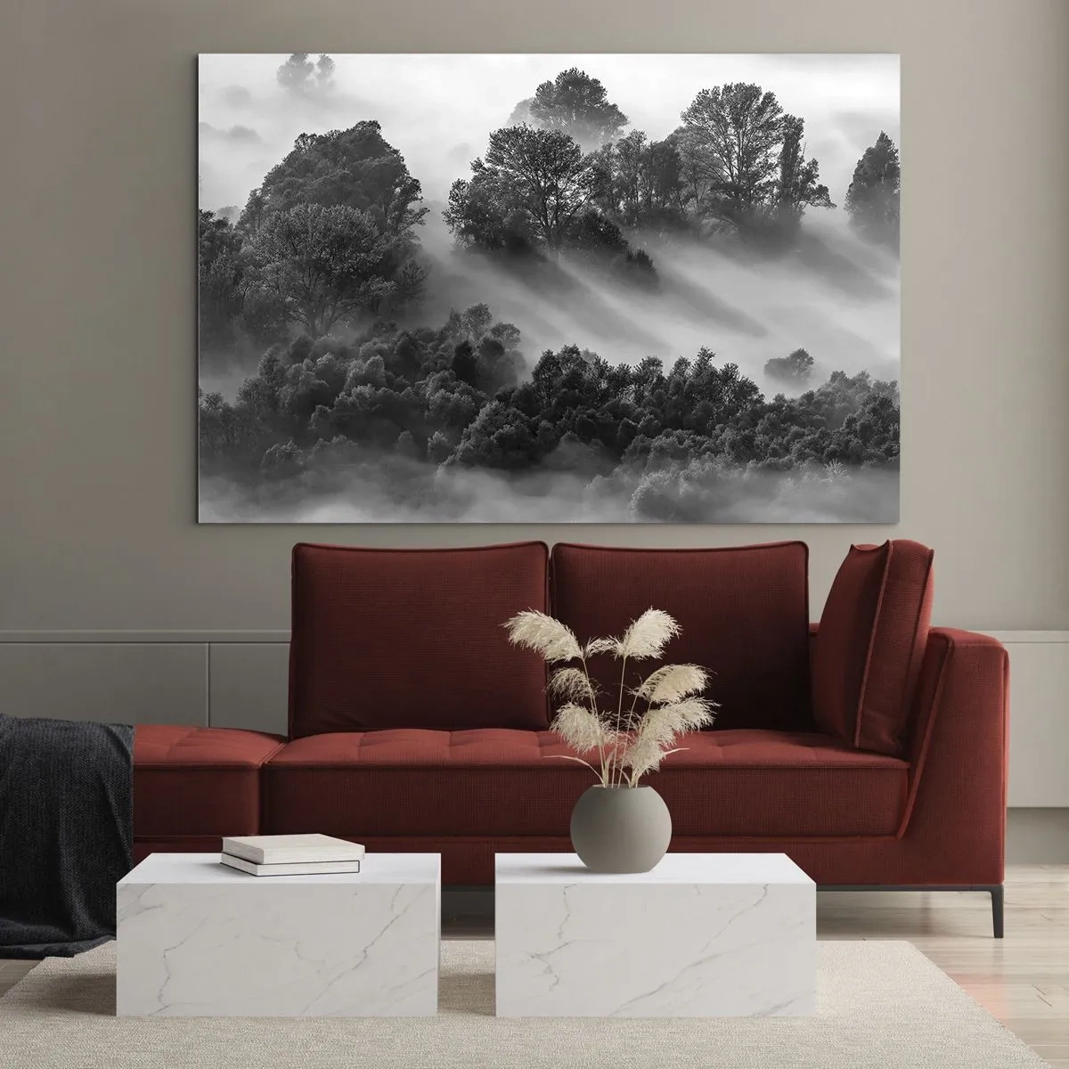 Glasbild - Bild auf glas - Nebliger Wald im Sonnenlicht in Schwarz und Weiß - 100x70cm - Aufstehend aus dem Schlaf - Moderne Wanddekoration für Wohnzimmer und Schlafzimmer ARTTOR