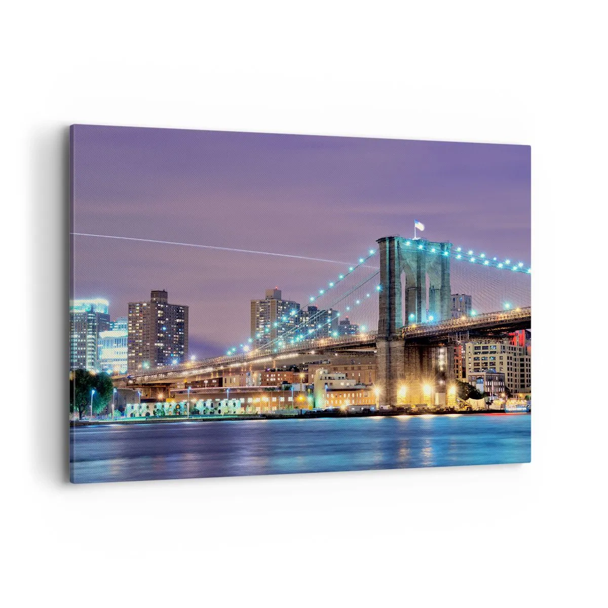 Bild auf Leinwand - Leinwandbild - Brooklyn Bridge bei Nacht mit der beleuchteten Stadt im Hintergrund - 100x70cm - Seit vielen Jahren die Brooklyn Bridge - Moderne Wanddekoration für Wohnzimmer und Schlafzimmer ARTTOR