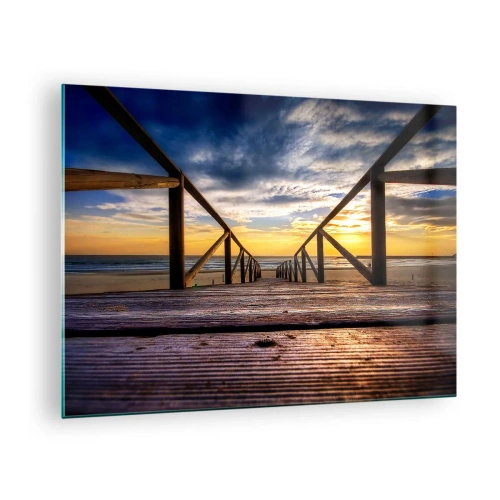 Glasbild - Bild auf glas - Pier, der bei Sonnenuntergang zum Strand führt - 70x50cm - Direkt zum ruhigen Strand bei Sonnenuntergang - Moderne Wanddekoration für Wohnzimmer und Schlafzimmer ARTTOR