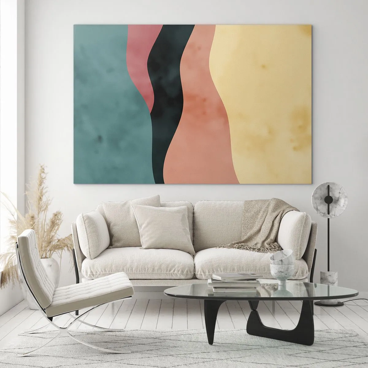 Glasbild - Bild auf glas - Bunte Wellen in Grün-, Rosa-, Schwarz- und Beigetönen - 70x50cm - Konforme Nichtkonformität - Moderne Wanddekoration für Wohnzimmer und Schlafzimmer ARTTOR