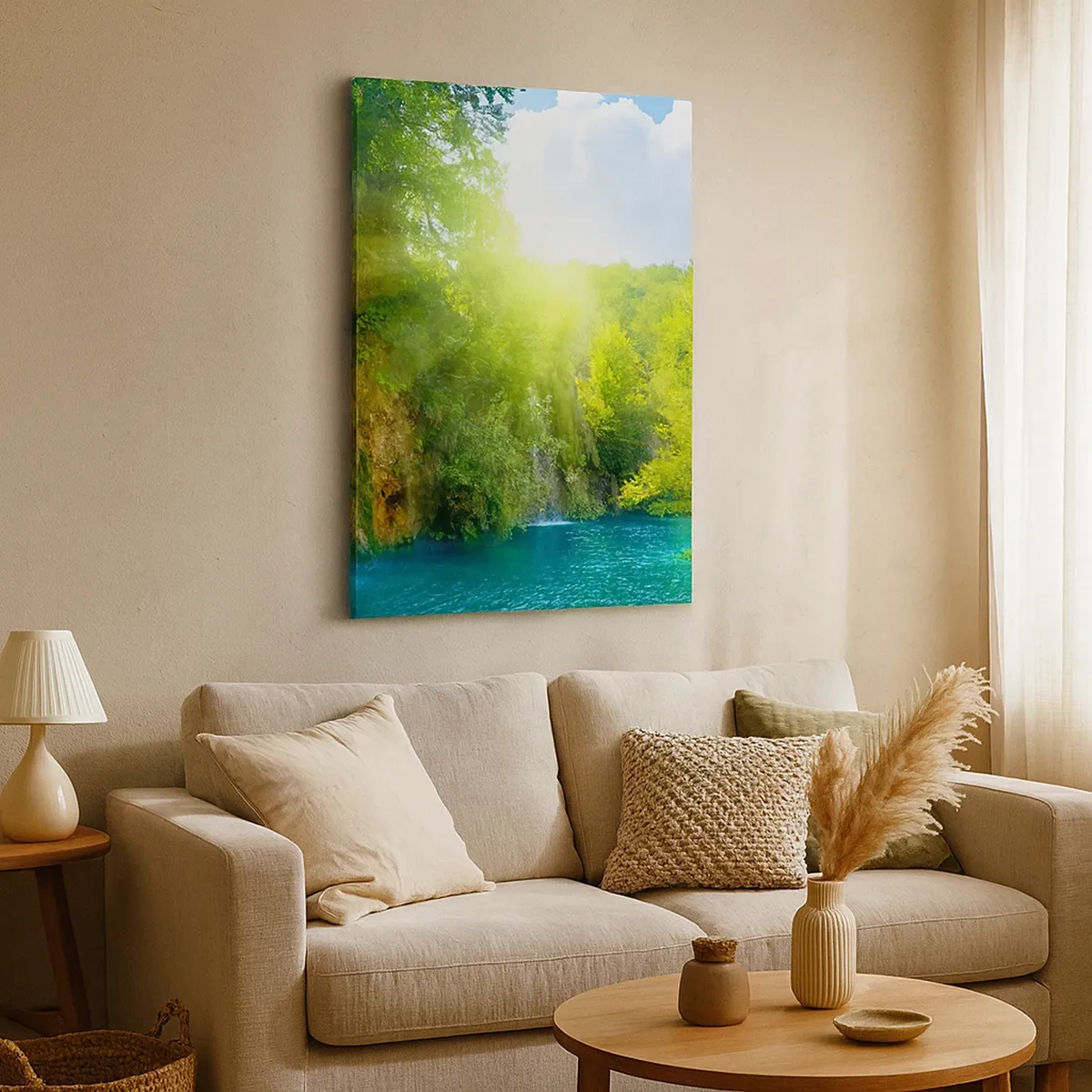 Bild auf Leinwand - Leinwandbild - Ein Wasserfall, der in einen türkisfarbenen See fließt, umgeben von Grün - 50x70cm - Es muss Eden sein - Moderne Wanddekoration für Wohnzimmer und Schlafzimmer ARTTOR