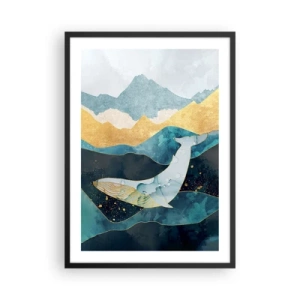 Poster in einem schwarzem Rahmen - Ein abstrakter Wal, der zwischen goldenen Wellen schwimmt. - 50x70cm - Die kühle Schönheit des Nordens - Moderne Wanddekoration für Wohnzimmer und Schlafzimmer ARTTOR