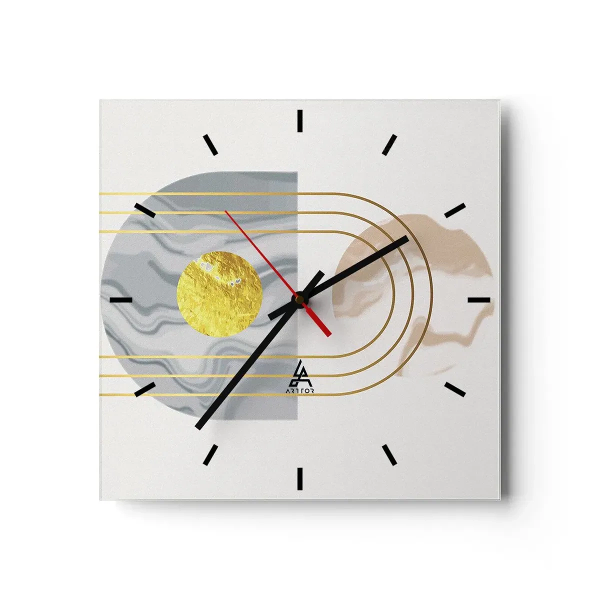 Wanduhr - Glasuhr - Abstrakte Komposition mit Kreisen und goldenen Linien auf hellem Hintergrund. - 30x30cm - Helligkeit und Brillanz - Moderne Wanddekoration für Wohnzimmer und Schlafzimmer ARTTOR