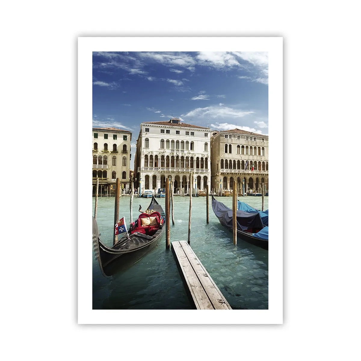 Poster - Gondeln auf dem Wasser mit historischen Gebäuden im Hintergrund in Venedig - 50x70cm - Paläste in Blau - Moderne Wanddekoration für Wohnzimmer und Schlafzimmer ARTTOR