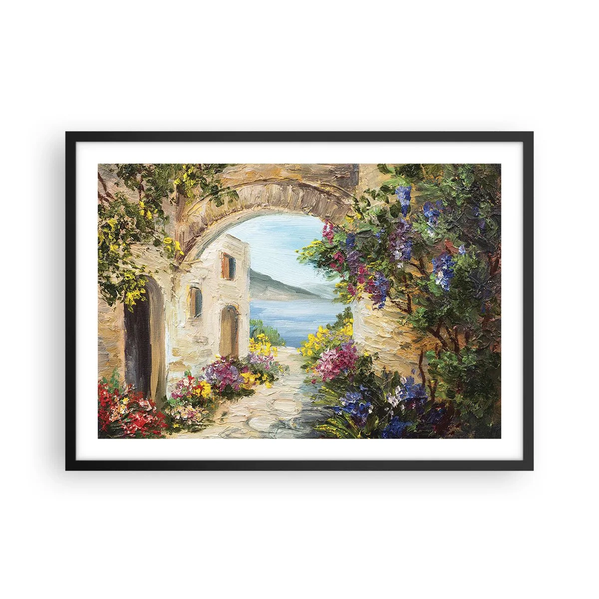 Poster in einem schwarzem Rahmen - Küstenlandschaft mit Steingebäuden und Blumen - 70x50cm - Charme einer Küstenprovinz - Moderne Wanddekoration für Wohnzimmer und Schlafzimmer ARTTOR