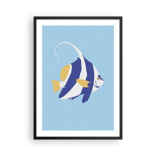 Poster in einem schwarzem Rahmen - Eine minimalistische Grafik eines exotischen Fisches auf blauem Hintergrund. - 50x70cm - Vermisse tropische Gewässer - Moderne Wanddekoration für Wohnzimmer und Schlafzimmer ARTTOR