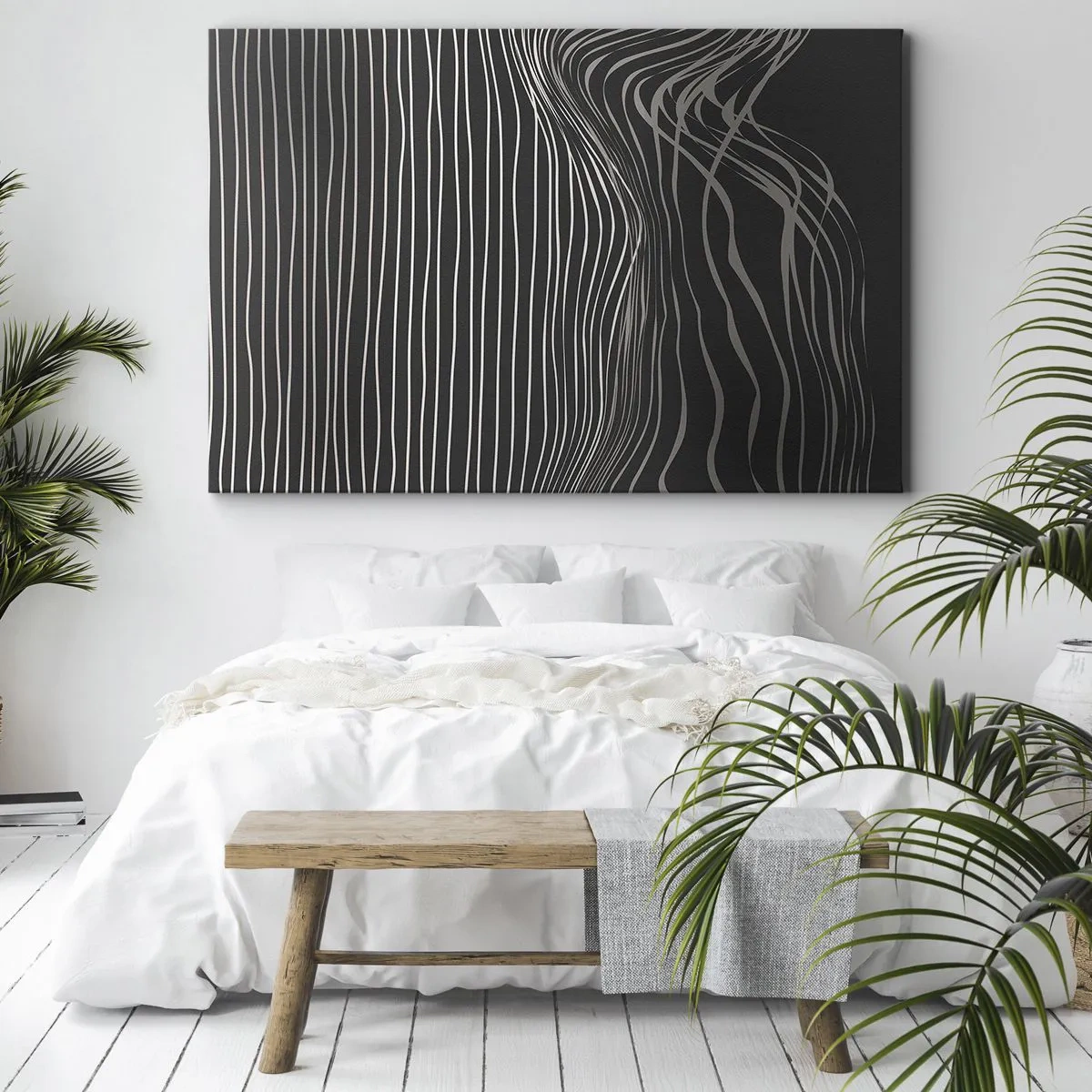 Bild auf Leinwand - Leinwandbild - Weiße Linien auf dunkelgrauem Hintergrund in abstrakter Anordnung - 100x70cm - Rhythmus und Akzent - Moderne Wanddekoration für Wohnzimmer und Schlafzimmer ARTTOR