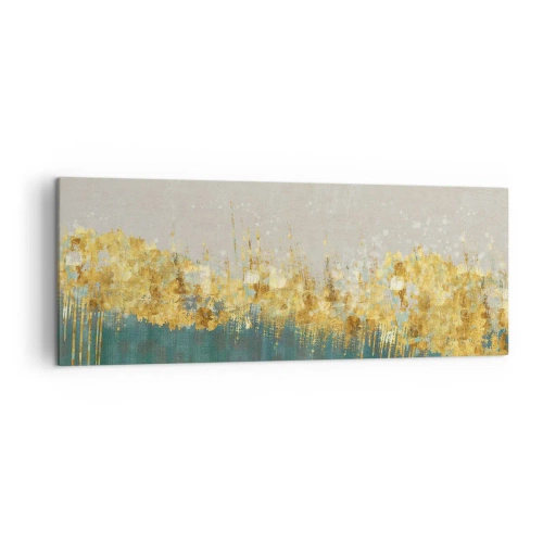 Bild auf Leinwand - Leinwandbild - Goldene Akzente auf grün-beigem Untergrund - 140x50cm - Goldener Rand - Moderne Wanddekoration für Wohnzimmer und Schlafzimmer ARTTOR