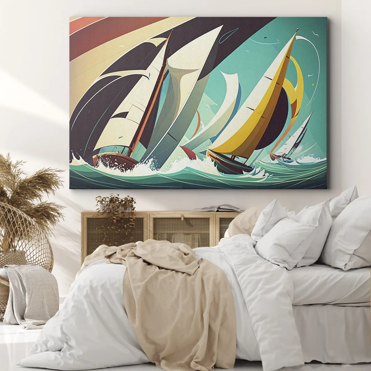 Bild auf Leinwand - Leinwandbild - Eine dynamische Illustration von Segelbooten in stürmischer See. - 70x50cm - Viel Glück mit den Elementen - Moderne Wanddekoration für Wohnzimmer und Schlafzimmer ARTTOR