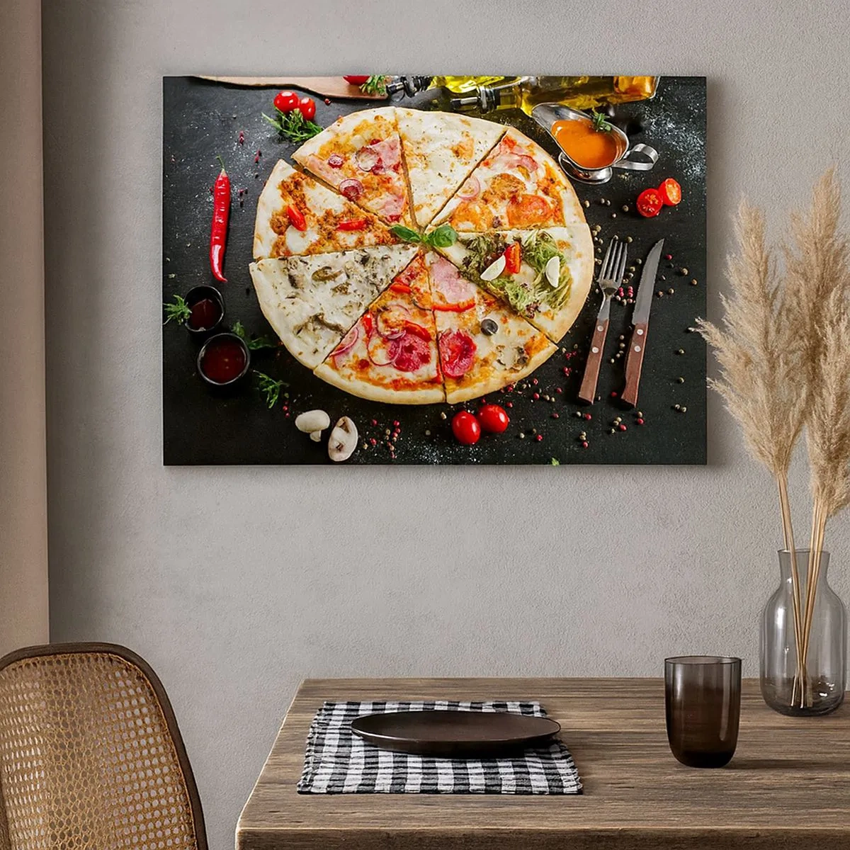 Bild auf Leinwand - Leinwandbild - Pizza in verschiedenen Geschmacksrichtungen mit verschiedenen Belägen - 70x50cm - Eine Reihe von Geschmacksrichtungen - Moderne Wanddekoration für Wohnzimmer und Schlafzimmer ARTTOR