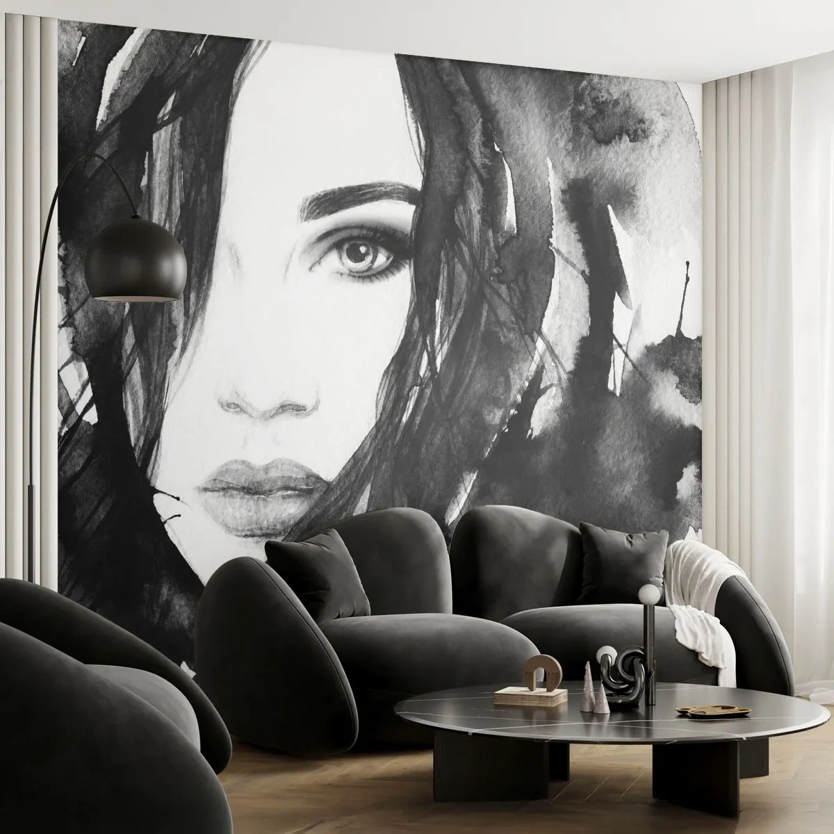 Selbstklebende Fototapete Deluxe Sticker - Porträt einer Dame in Schwarzweiß - Abstraktion, Das Gesicht einer Frau, Porträt - 500x350 cm