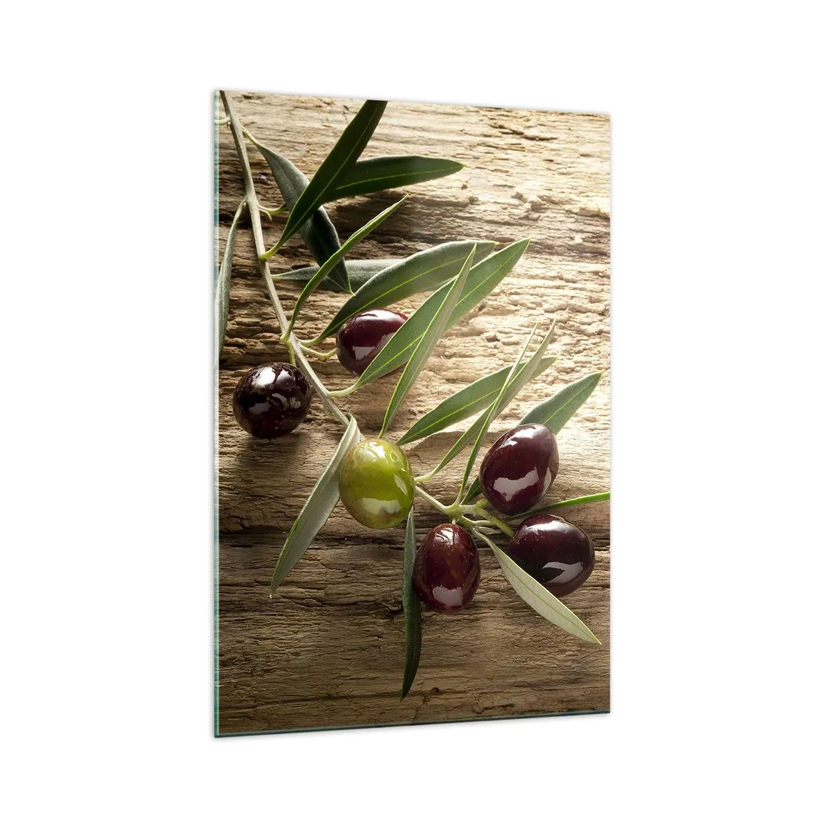 Glasbild - Bild auf glas - Olivenzweig mit Früchten auf einem Hintergrund aus gealtertem Holz - 70x100cm - Direkt aus der Natur - Moderne Wanddekoration für Wohnzimmer und Schlafzimmer ARTTOR