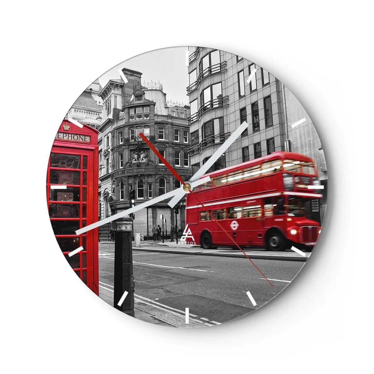 Wanduhr - Glasuhr - Ein roter Bus und eine Telefonzelle vor der Kulisse der Londoner Straßen. - 30x30cm - Das Rotste in Europa - Moderne Wanddekoration für Wohnzimmer, Küche und Schlafzimmer ARTTOR