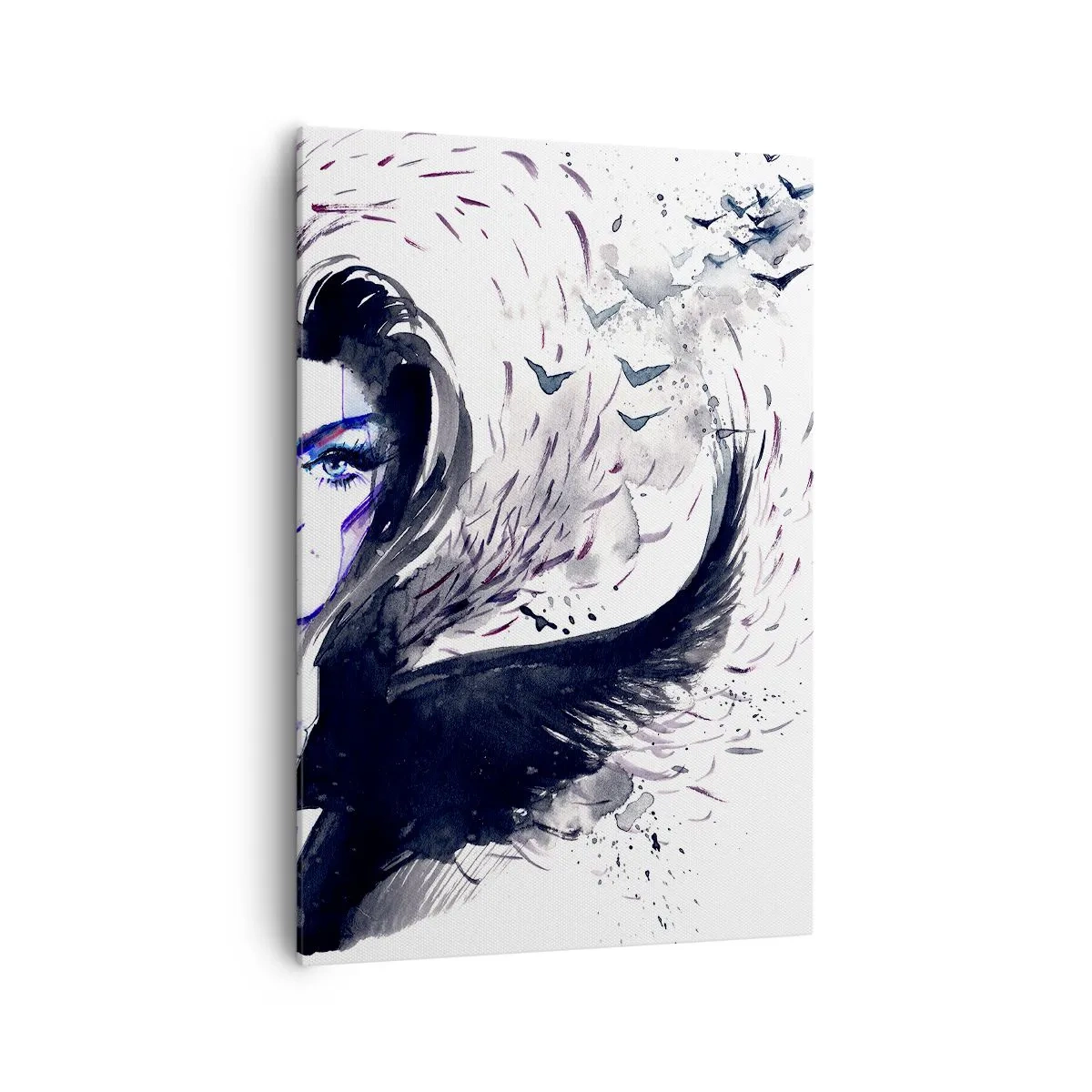 Bild auf Leinwand - Leinwandbild - Abstraktes Gesicht mit kontrastierenden Elementen und einem Flügelmotiv - 70x100cm - Dämonisch und schön - Moderne Wanddekoration für Wohnzimmer und Schlafzimmer ARTTOR