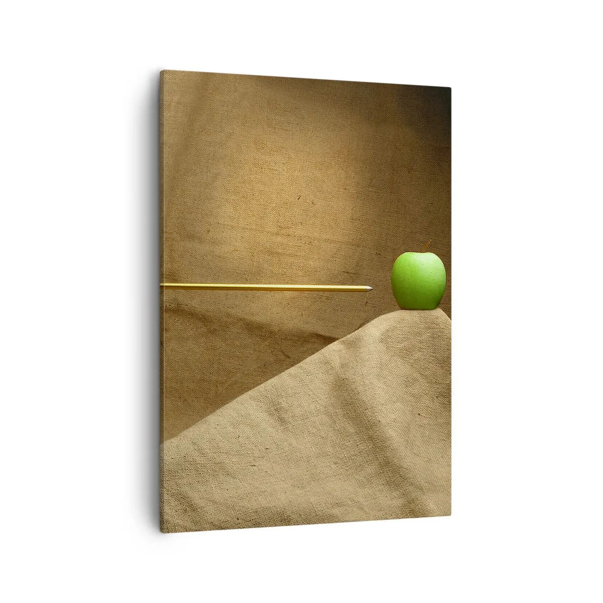 Bild auf Leinwand - Leinwandbild - Grüner Apfel auf Stoff mit einem Pfeil, der eine Komposition ergibt - 50x70cm - Beschwöre den Geist von Wilhelm Tell - Moderne Wanddekoration für Wohnzimmer und Schlafzimmer ARTTOR