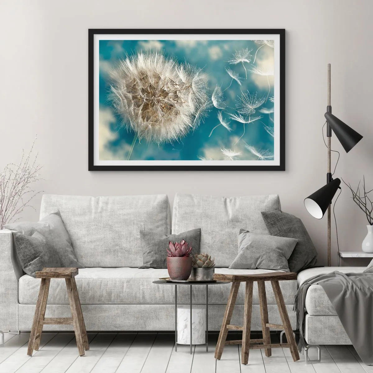 Poster in einem schwarzem Rahmen - Ein verwelkter Löwenzahn vor blauem Himmel - 100x70cm - Engelsatem - Moderne Wanddekoration für Wohnzimmer und Schlafzimmer ARTTOR