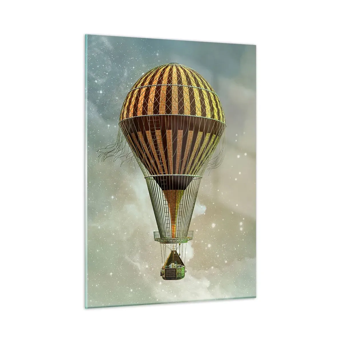 Glasbild - Bild auf glas - Ein stilisierter Ballon vor dem Hintergrund eines Sternenhimmels und Wolken. - 50x70cm - Pionierflüge - Moderne Wanddekoration für Wohnzimmer und Schlafzimmer ARTTOR