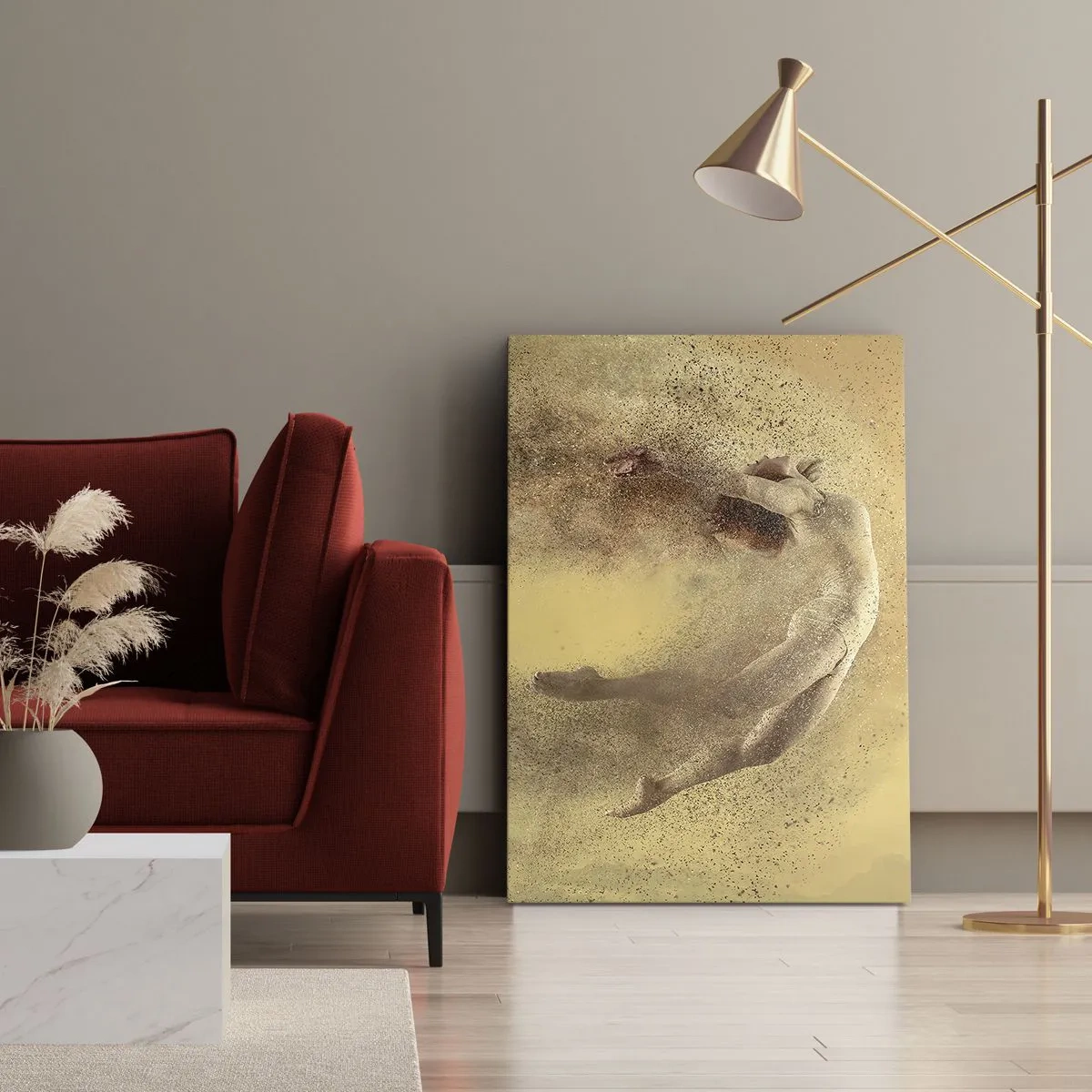 Bild auf Leinwand - Leinwandbild - Eine Figur in dynamischer Bewegung mit zerfallendem Effekt - 80x120cm - In tanzender Ekstase - Moderne Wanddekoration für Wohnzimmer und Schlafzimmer ARTTOR