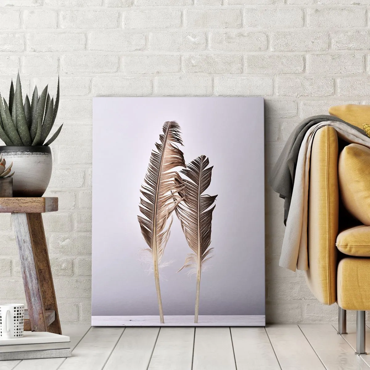 Bild auf Leinwand - Leinwandbild - Zarte Federn auf hellem Untergrund im minimalistischen Stil - 50x70cm - Gegen das Nichts - Moderne Wanddekoration für Wohnzimmer und Schlafzimmer ARTTOR