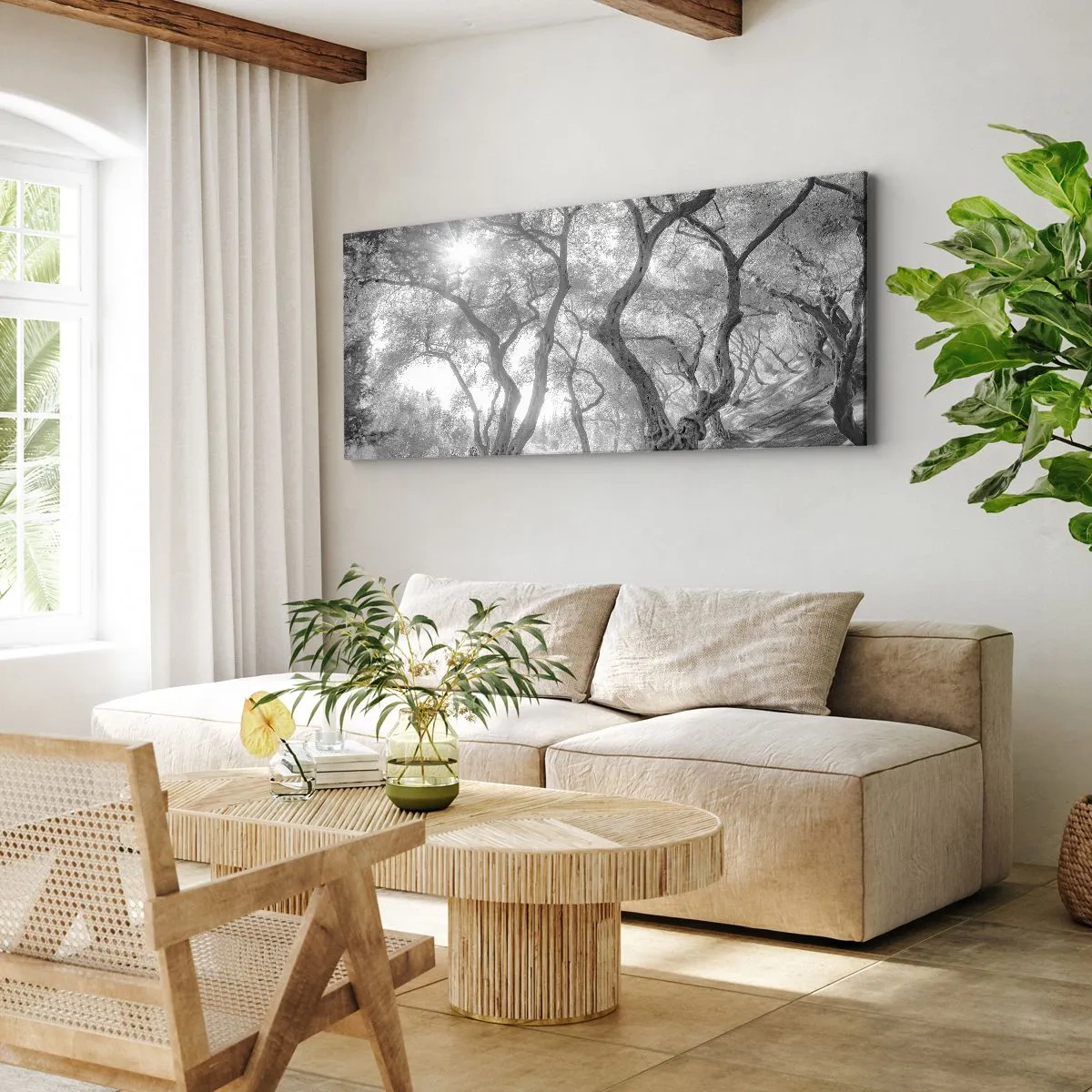 Bild auf Leinwand - Leinwandbild - Schwarz-Weiß-Ansicht von Bäumen in einem Olivenhain mit Sonnenstrahlen - 160x50cm - Im Olivenhain - Moderne Wanddekoration für Wohnzimmer und Schlafzimmer ARTTOR